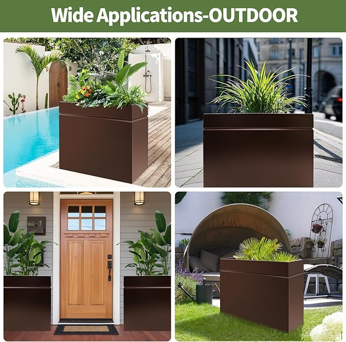 Metal Rectangular Planter Box, Powder Coating Steel Large Planters 35" L x 12" W x 26" H with Drainage Hole, Indoor Outdoor All-Weather Use for Home, Porch, Patio, Garden(Bronze)