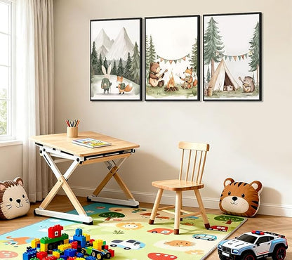 3Pcs Woodland Animal Nursery Wall Art Fox Bear Rabbit Hedgehog Paintings Pictures Safari Wall Decor Poster Prints Forest Animals Camping Campfire Artwork for Boys Kids Girl Room Decoration 16x24