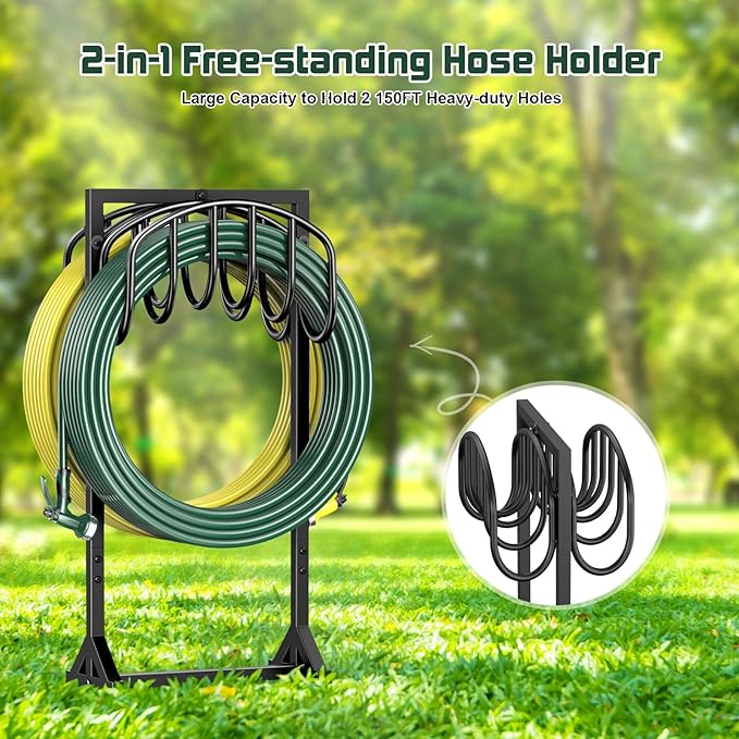Garden Hose Holder Freestanding, Water Hose Holders for Outside with 4 Spikes, Hose Reels Double-Sided Heavy Duty Metal Hose Stand Holds 150ft Hose, Garden Hose Storage Rack for Outside Yard Lawn