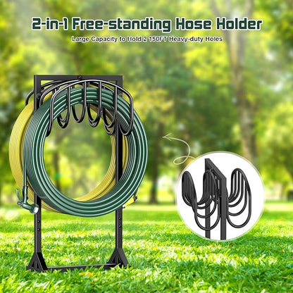 Garden Hose Holder Freestanding, Water Hose Holders for Outside with 4 Spikes, Hose Reels Double-Sided Heavy Duty Metal Hose Stand Holds 150ft Hose, Garden Hose Storage Rack for Outside Yard Lawn