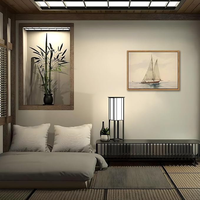 Floating Framed Canvas Wall Art, Vintage Sailboat Ocean Picture Wall Decor, White Sailboat Seascape Poster Print Painting for Living Room Bedroom Bathroom Office Home Decor 12x16 inch
