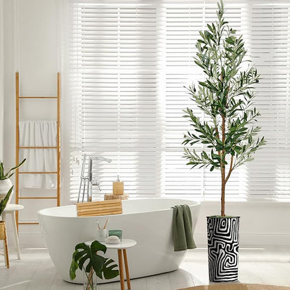 Artificial Tree in Modern Geometric Pattern Planter, Fake Olive Silk Tree for Indoor and Outdoor Home Decoration - 68" Overall Tall (Plant Pot Plus Tree)
