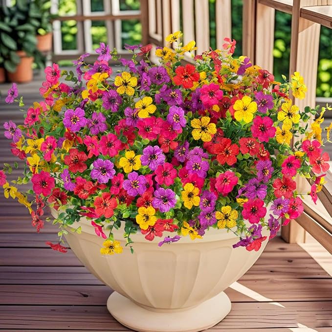 12 Bundles Artificial Flowers,Faux Plants for Spring Summer Decoration, UV Resistant Colorful Violets Eucalyptus for Outside Home Planter Porch Patio Yard Decor