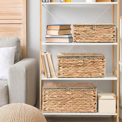 Wicker Storage Baskets with Lids and Handles, Hand Woven Rattan Storage Bins Box, Set 3 Natural Water Hyacinth Decorative Large Small Basket Container for Shelves, Bathroom Organizing