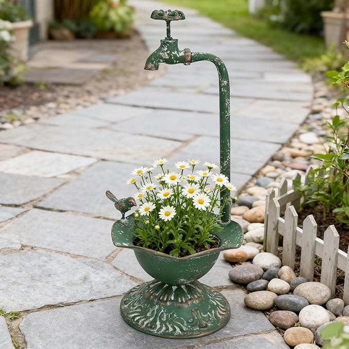Unique Planters for Indoor Outdoor Plants, Rustic Succulent Planters, Outdoor Flower Pots, Indoor Succulent Plant Pots, Metal Tap Design, Home and Garden Decor (Green)