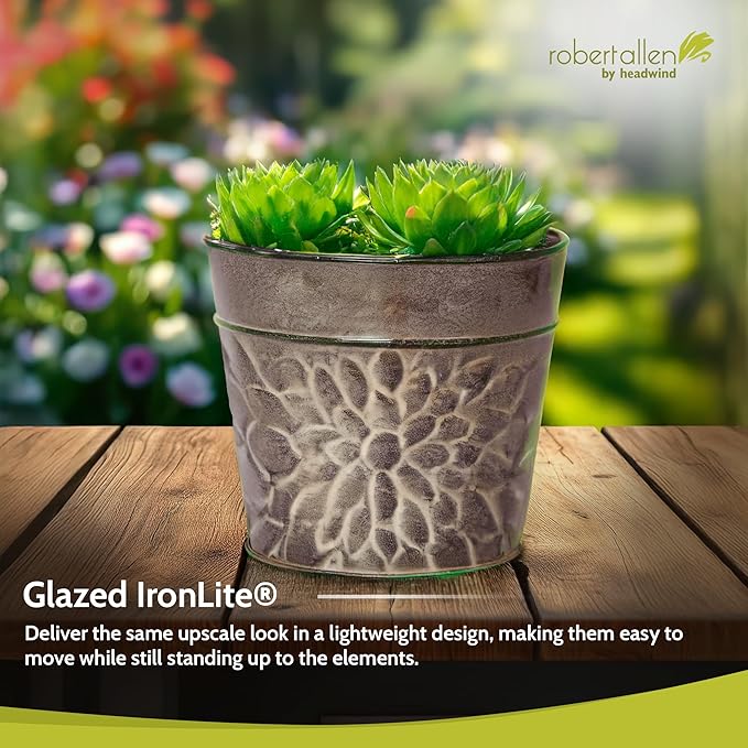 Robert Allen MPT02009 Laurel Series Metal Planter Flower Pots, 8", Greige