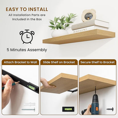 Fun Memories 40 Inch Deep Floating Shelves for Wall, 2 Pack of Wall Mounted Wood Shelves with Invisible Brackets for Bathroom, Bedroom, Kitchen Decor and Storage, Oak