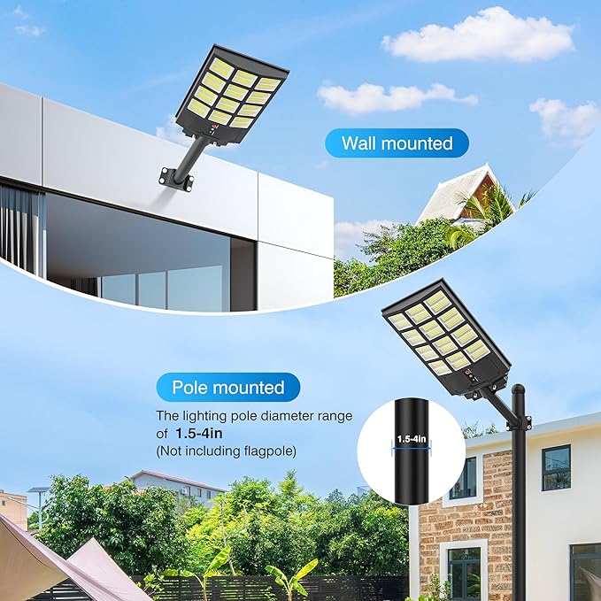 5000W Solar Street Light, Wide Angle Solar Lights Outdoor IP66 Waterproof, 6500K Dusk to Dawn, LED Security Flood Light with Motion Sensor and Remote Control for Residential Yard (2 Pack)