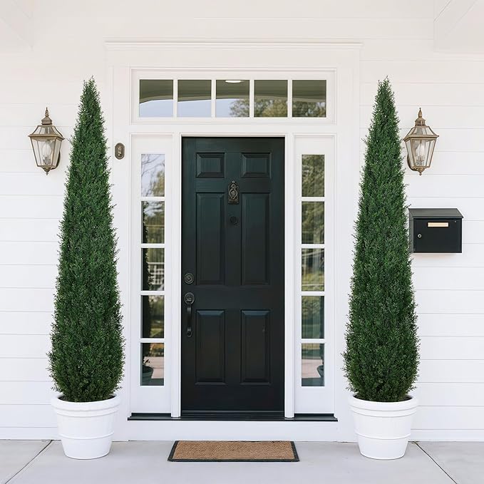 Artificial Cedar Topiary Trees, 6FT Topiary Trees Artificial Outdoor UV Resistant, Realistic Potted Fake Pine Plants Shrubs for Front Porch Home Garden Decor, Set of 2