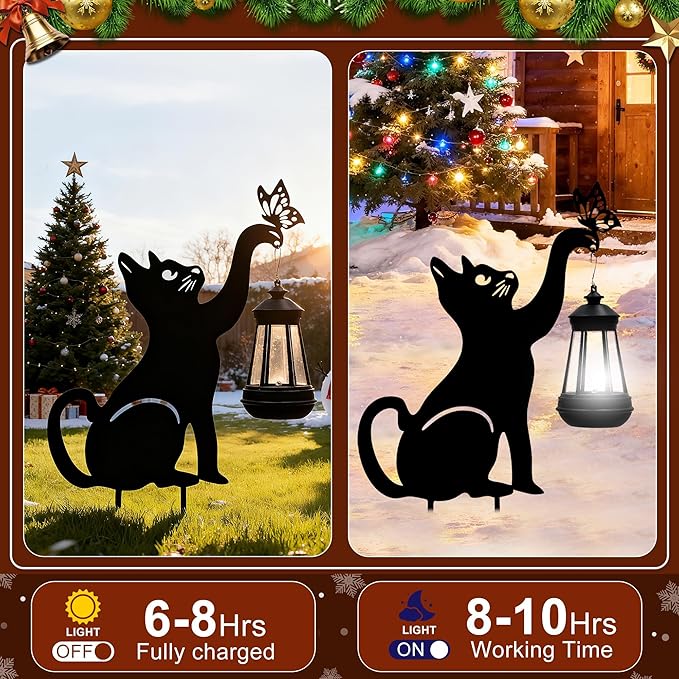 Christmas Black Cat Solar Lights Outdoor - Cat Lover Gifts for Mom Woman Grandma,Garden Stake with Butterfly Decorative Metal Housewarming Ornament for Yard Pathway Lawn Patio