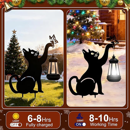 Christmas Black Cat Solar Lights Outdoor - Cat Lover Gifts for Mom Woman Grandma,Garden Stake with Butterfly Decorative Metal Housewarming Ornament for Yard Pathway Lawn Patio