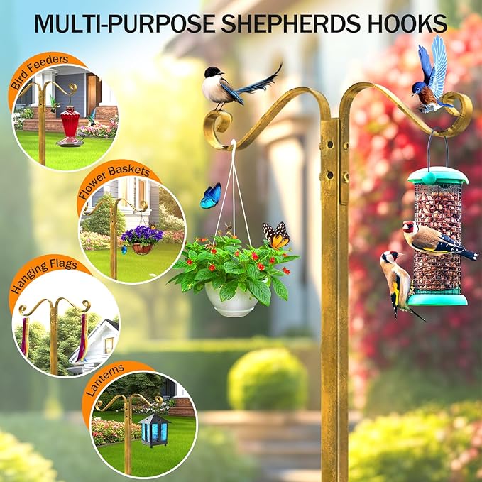 Garden Hose Holder - Upgraded Water Hose Holders for Outside with 5 Spikes & 2 Shepherds Hooks, Freestanding Hose Stand Hose Hanger Hose Storage Hose Reel Rack for Yard Lawn(Antique Golden)