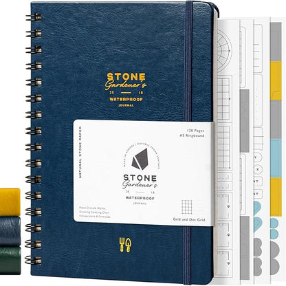 Stone Weatherproof Journal Gardening Notebook – A5 Ring-Bound, Vegan Leather Cover, Waterproof Paper, 128 Pages Half Grid & Dot Grid, Garden Planner with Plant-Spacing Resources (Navy Blue)