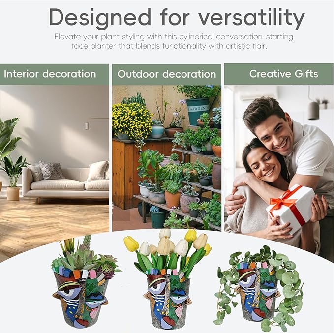 5.9" High Handcrafted Abstract Face Planter with Drain Hole - Vibrant Resin Flower Pot for Indoor Outdoor Decor