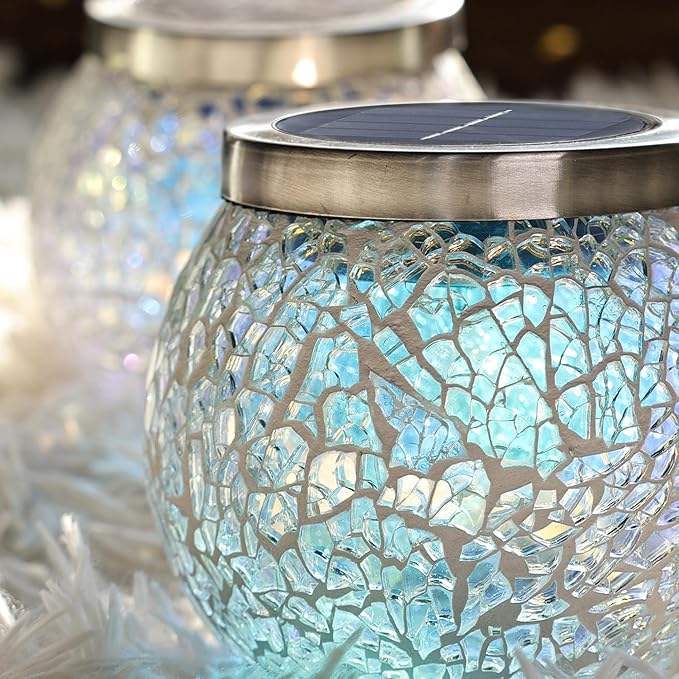 Cooo 2 Pack Heavy Solar Mosaic Crackle Glass Lights with Dual Solar Panels, Color-Changing RGB Lantern, Exclusive Dazzling Glass, Waterproof Outdoor Table Lamps Garden Lamp Christmas Decorations