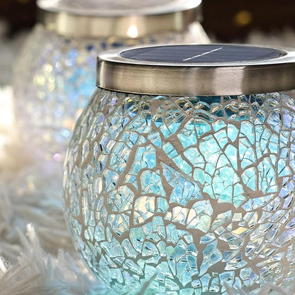 Cooo 2 Pack Heavy Solar Mosaic Crackle Glass Lights with Dual Solar Panels, Color-Changing RGB Lantern, Exclusive Dazzling Glass, Waterproof Outdoor Table Lamps Garden Lamp Christmas Decorations