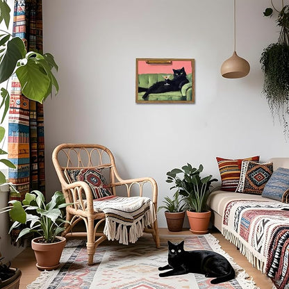 Funny Black Cat Martini Wall Art, Bar Cart Decor, Eclectic Cocktail Painting Canvas Print, Cute Animal Artwork Picture for Bedroom Living Room Kitchen 16x24 inch Wood Framed