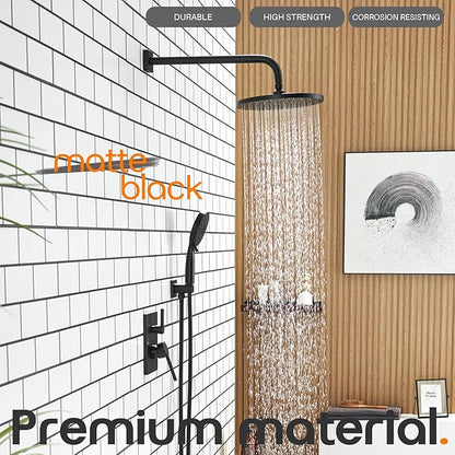 Bathroom Rainfall Shower System Set with 10'' Rain Shower Head, 3-Setting Handheld Spray, Valve Included Wall Mounted Matte Black SF001MB-D10