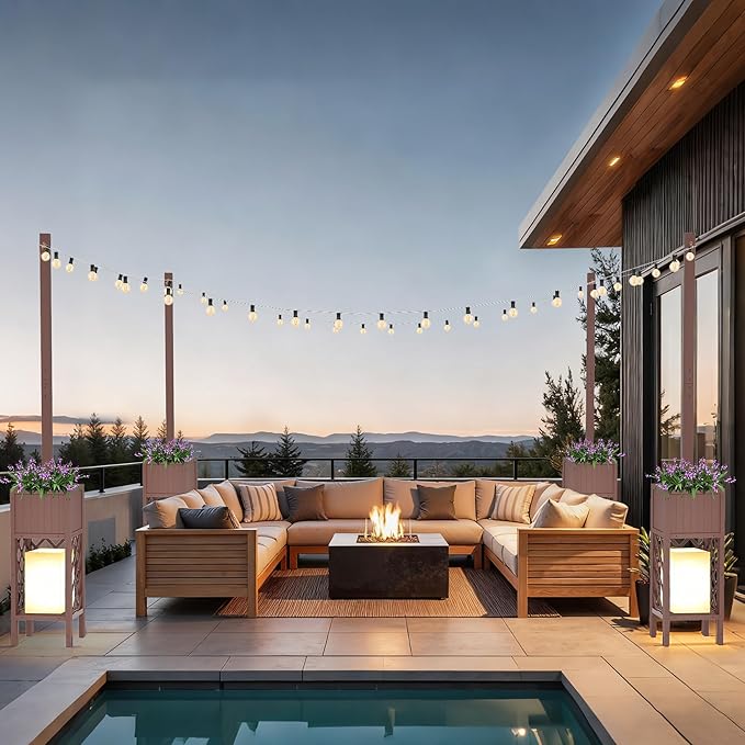 2PCS Outdoor String Light Poles with Planter Box,8.6FT H Posts for Patio String Lights,Decorative Lattice Wood Planter Stand with Bottom Storage Shelf,for Patio Porch Balcony Garden Accent