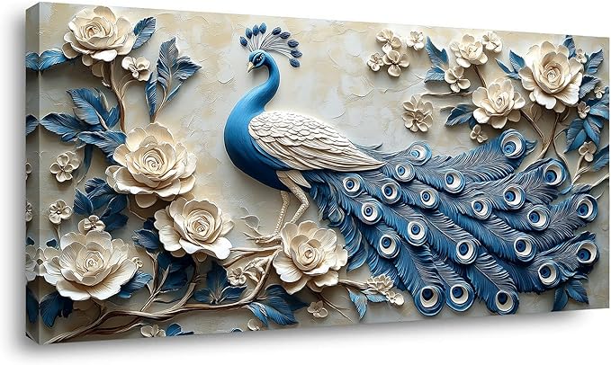 IDAFU Navy Blue Peacock Wall Art for Living Room Office Elegant Animal Peacock and Roses Painting Prints Vintage Canvas Artwork Girls Bedroom Décor Ready to Hang (20 x40 Inches)