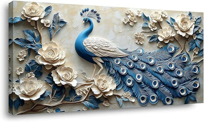 IDAFU Navy Blue Peacock Wall Art for Living Room Office Elegant Animal Peacock and Roses Painting Prints Vintage Canvas Artwork Girls Bedroom Décor Ready to Hang (16x32 Inches)