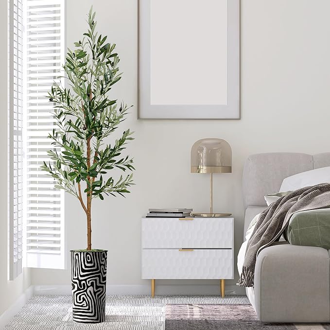 Artificial Tree in Modern Geometric Pattern Planter, Fake Olive Silk Tree for Indoor and Outdoor Home Decoration - 68" Overall Tall (Plant Pot Plus Tree)