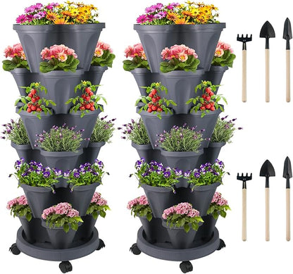 GameXcel Vertical Planter 6 Tier Stackable Planters Garden Planters Strawberry Herb Flower and Vegetable Planter Indoor Outdoor Gardening Pots with Removable Wheels and Tools