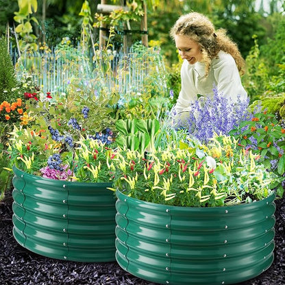 17" Tall Round Outdoor Garden Raised Garden Bed Kits-0.8MM Thick Metal Raised Planter Bed/Ground Planter Box for Variety of Flowers,Herbs,Vegetables,Trees (Dark Green, 32 Dia X 16.5 inches)