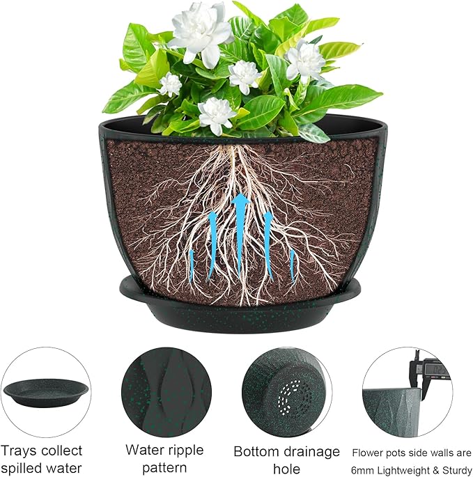 10 inch Large Plant Pots, Flower Pots with Multi-Mesh Drainage Holes and Saucer, Plastic Planters for Indoor and Outdoor Garden Plants (Black with Green Speckles, 10")