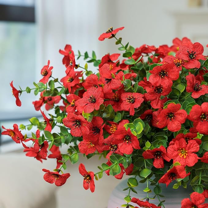 mizii Artificial Flowers for Outdoors 20 Bundles Realistic Faux Silk Flower UV Resistant Fake Plants Outside Decorations for Patio Garden Balcony Yard Porch Summer Indoor Home Decor (Red)
