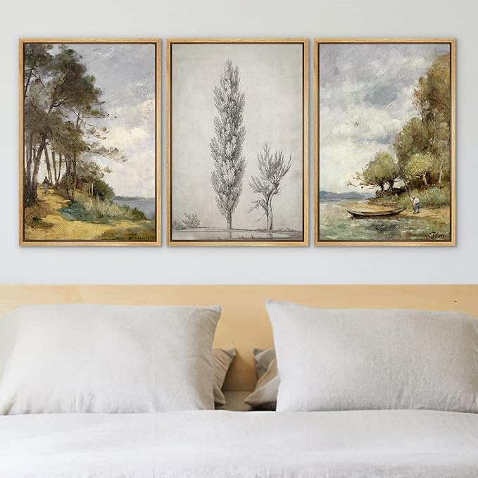 Ashbrook Framed Canvas Print Wall Art Set Forest Tree Lake Nature Wilderness Illustrations Fine Art Decorative Floral Botanical Garden Vintage for Living Room, Bedroom, Office - 16"x24"x3 Natural