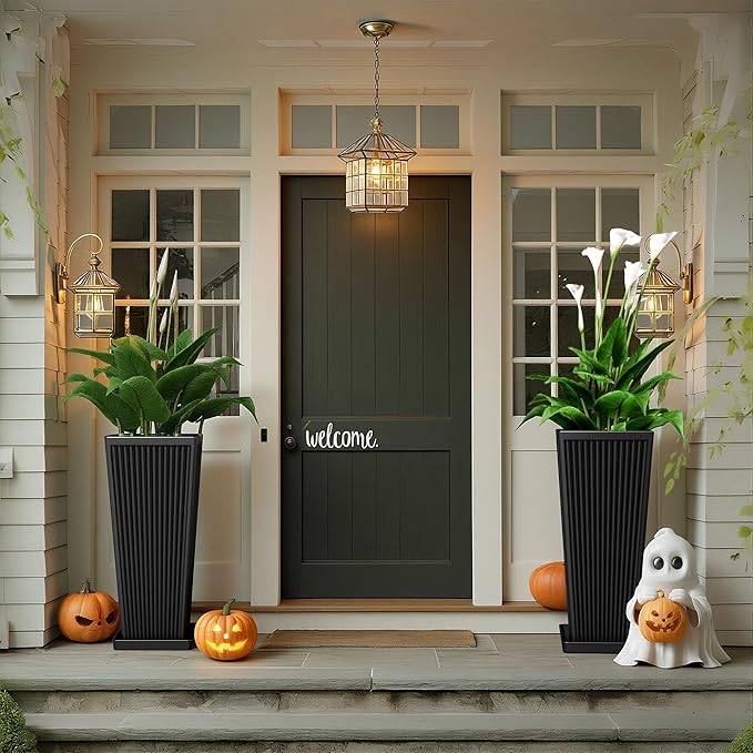 Tapered Tall Planters for Outdoor Plants 2 Pack- 23.6 Inch Square Indoor Flower Pots with Drainage Holes and Partition/Tray Saucers, Large Outdoor Planters for Porch Patio Garden, Black