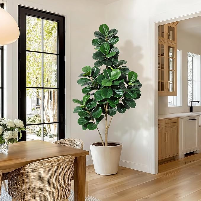 6 ft Fiddle Leaf Fig Tree Artificial with 108 Leaves - Realistic Faux Ficus Lyrata Trees in 9 in Grey Planter Pot, Indoor Fake Floor Plants for Home Office Living Room Decor, Housewarming Gift