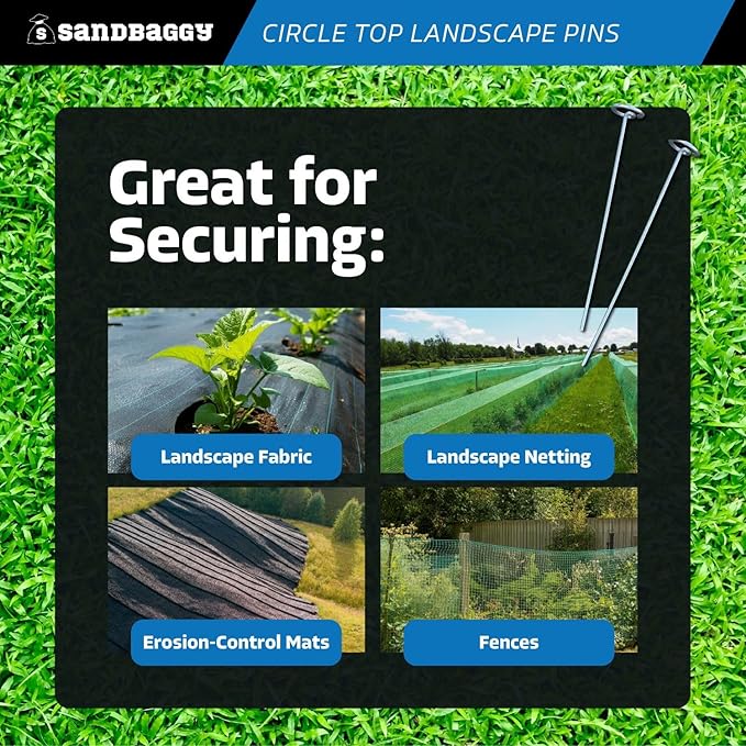 Sandbaggy 12-inch Circle Top Pins - Landscape Staples (Galvanized) - Garden Stakes for Landscaping, SOD - Heavy Duty Ground Stakes, Lawn Turf Spikes, Christmas Decorations, Weed Mats (300 Pins)