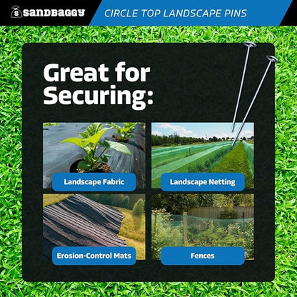 Sandbaggy 12-inch Circle Top Pins - Landscape Staples (Galvanized) - Garden Stakes for Landscaping, SOD - Heavy Duty Ground Stakes, Lawn Turf Spikes, Christmas Decorations, Weed Mats (900 Pins)