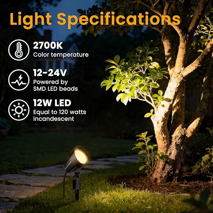 Low Voltage Landscape Lighting Kit, 12W Landscape Lights with Transformer 33FT UL-Listed Wire & Connectors, 2700K Waterproof Outdoor Garden Lights for Yard House Tree 12V-24V