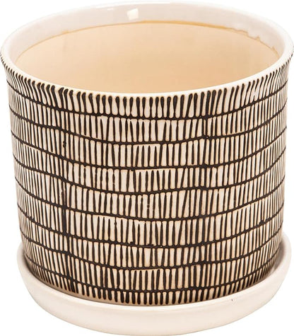 Set of 2 Geometric Decorative Ceramic Planter Pots with Saucer – Stoneware Outdoor & Indoor Plant Pots with Drainage – Modern Garden & Home Decor Ceramic Planters – 6" & 8", Ivory