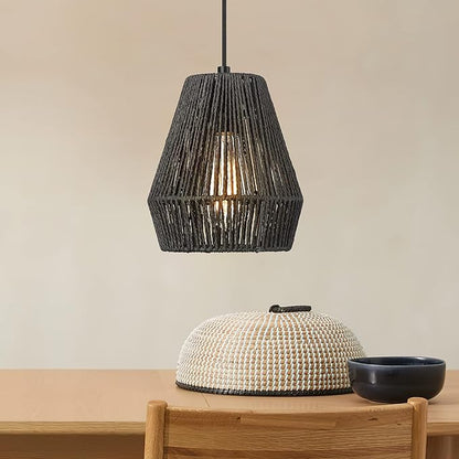 Woven Pendant Light Fixtures, ELYONA 7" Farmhouse Coastal Hanging Lamp with Matte Black Handwoven Rattan Basket Shade Modern Boho Pendant Light for Kitchen Island Dining Room Bar Bedroom Foyer Hallway