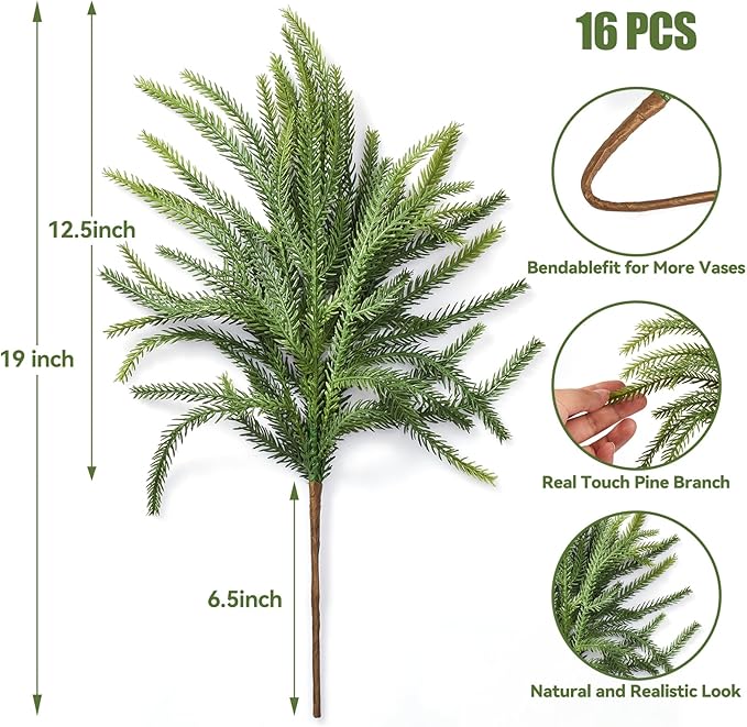 16 Pcs Norfolk Pine Stems, 19" Long Artificial Christmas Norfolk Pine Branches, Real Touch Christmas Greenery Stems for Vases, DIY Garland, Xmas Indoor Home Decorations