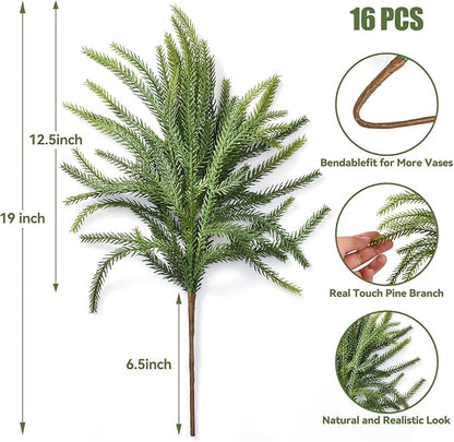 16 Pcs Norfolk Pine Stems, 19" Long Artificial Christmas Norfolk Pine Branches, Real Touch Christmas Greenery Stems for Vases, DIY Garland, Xmas Indoor Home Decorations