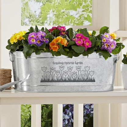 Let's Make Memories Personalized Planter Tub for Mom Grandma Wife - Custom Engraved Decorative Metal Flower Pot - for Mothers Day from Family Daughter Son Kids - 5.5 Gallons - Tulip Design