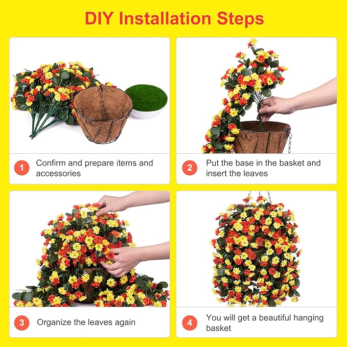 Artificial Flowers in Hanging Basket for Outdoors Fall Decor, Fake Mums Bush Flowers Plants with Hanging Baskets for Home Porch Garden Yard Patio Summer Autumn Decoration (Orange Yellow)