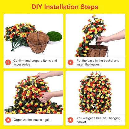 Artificial Flowers in Hanging Basket for Outdoors Fall Decor, Fake Mums Bush Flowers Plants with Hanging Baskets for Home Porch Garden Yard Patio Summer Autumn Decoration (Orange Yellow)