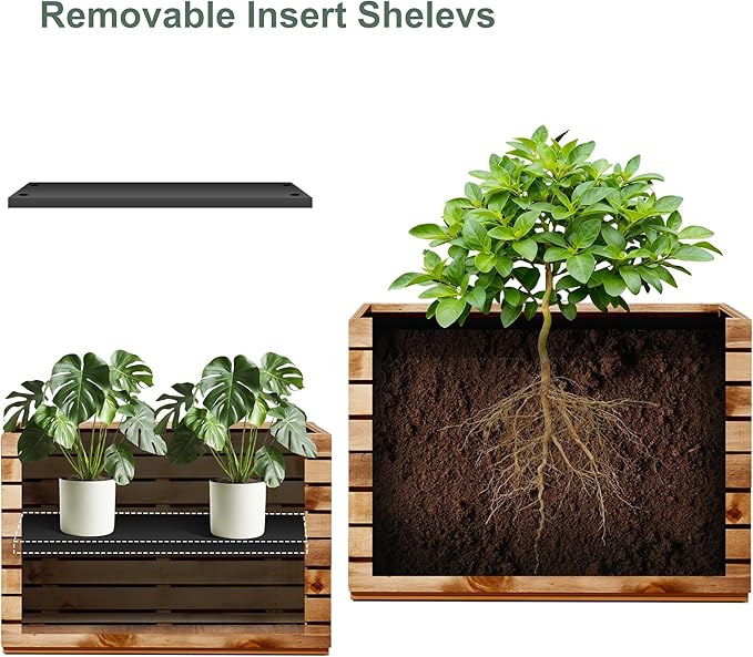 Metal Rectangular Outdoor Planter Box with Drainage Holes, Tall & Large Black Planters for Outdoor Plants, Flowers, Trees (30" L x 12" W x 24" H, Walnut Wood Grain)