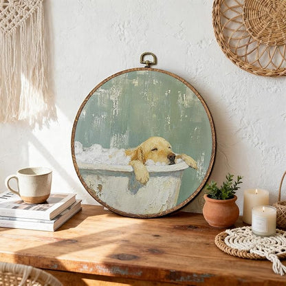 DEQSX Golden Retriever Bathroom Round Wall Art, Golden Retriever Gifts for Women, Funny Dog Sleeping in Bathtub Wall Decor Canvas Prints Posters for Washroom Bathroom, 10x10 Inches