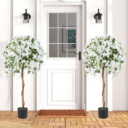 GOFLAME 53" Artificial Bougainvillea Tree, 2 Pack Faux Silk Flower Plant in Pot with 576 Flowers & 288 Leaves, Indoor Outdoor Fake Bougainvillea for Home, Office and Garden Decor, White