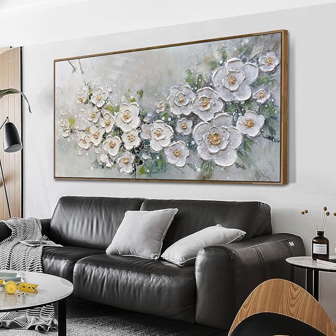 Brushart Large White Flower Wall Art Textured Floral Canvas Wall Art Decor Pictures Paintings Artwork for Living Room Dining Room Bedroom Home Office, Framed 58"x29"