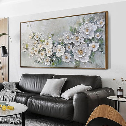Brushart Large White Flower Wall Art Textured Floral Canvas Wall Art Decor Pictures Paintings Artwork for Living Room Dining Room Bedroom Home Office, Framed 58"x29"