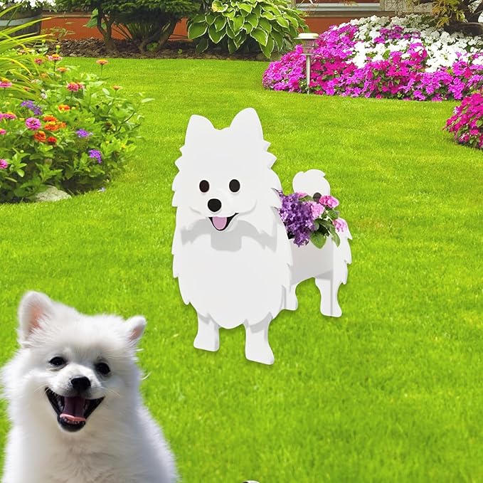 White Pomeranian Dog Planter Plant Pots,Cute Dog Flower Planter,Gifts for Pet Lovers,Unique Animal Plant Pots,Office,Indoor Outdoor Garden Decor（9.45 * 6.65 * 12.13in）