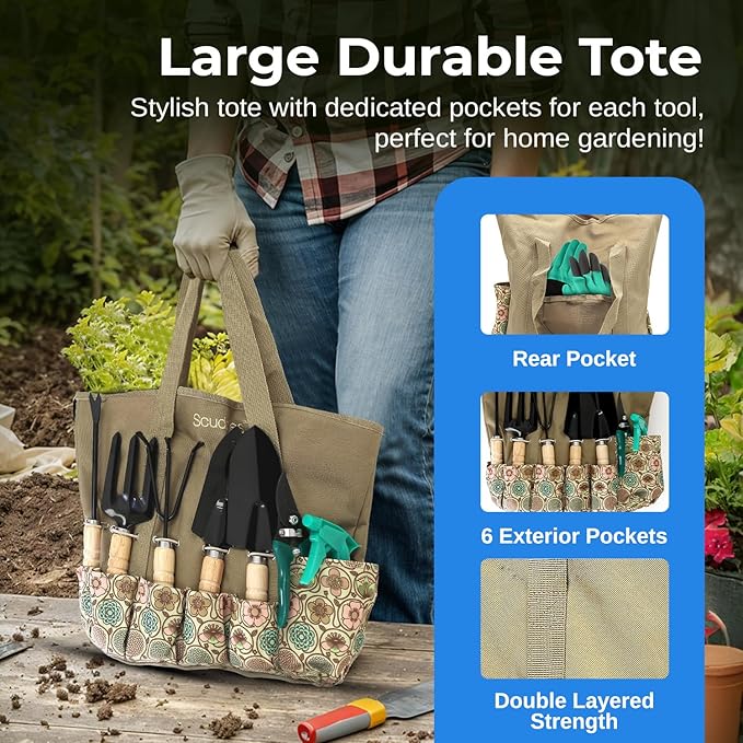 Scuddles 8-Piece Garden Tool Set with Bag, Stainless Steel Tools, Wooden Handles and Fingertip Claw Gloves for Digging, Landscaping and Heavy Gardening